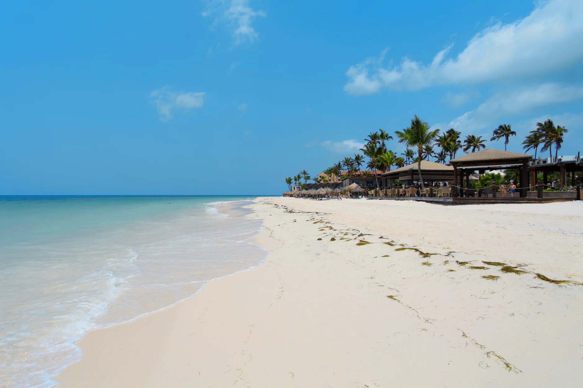 A palm-lined Cape Verde beach beside turquoise water