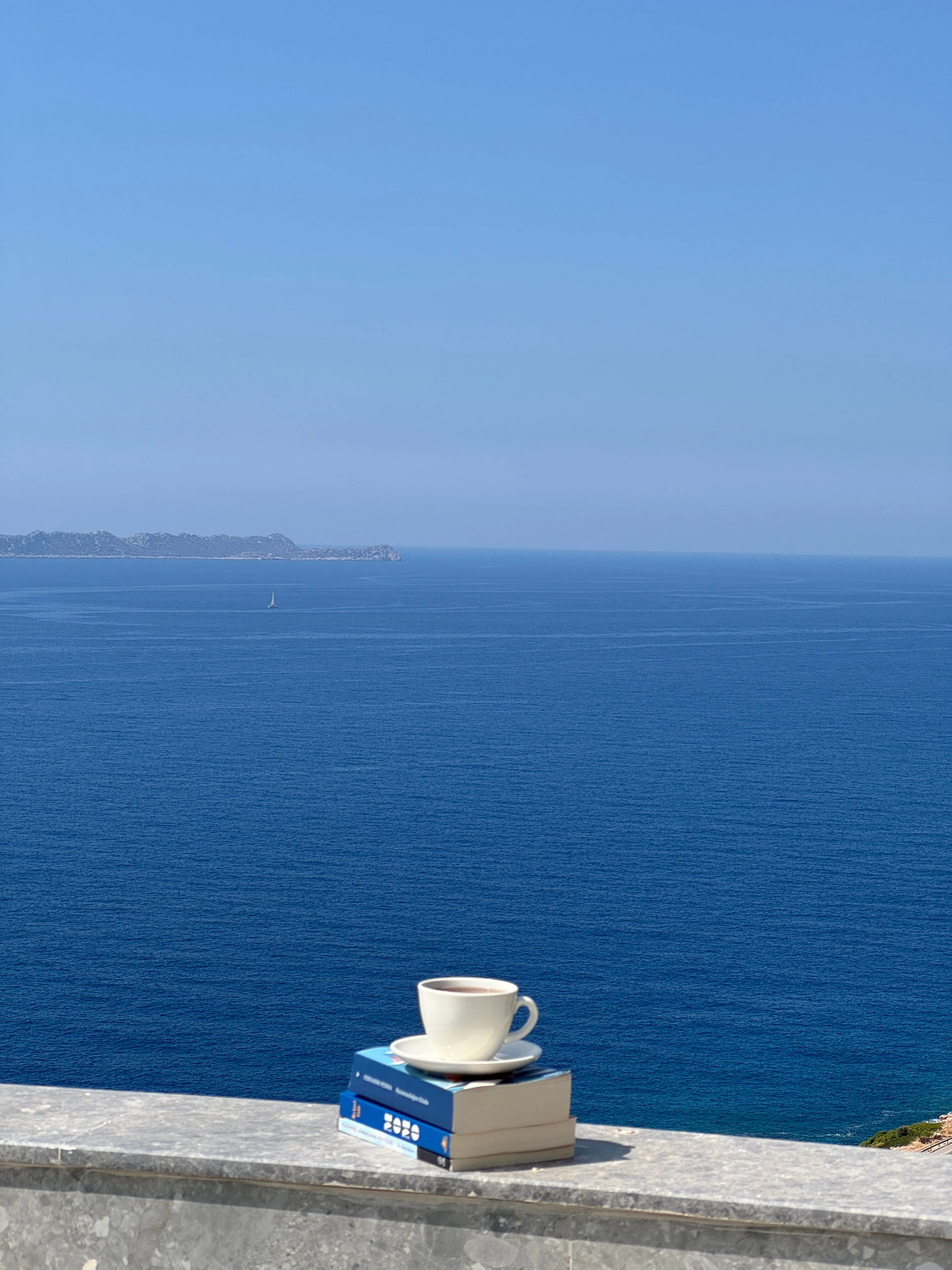 A coffee cup resting on stacked books on a stone ledge above deep blue sea